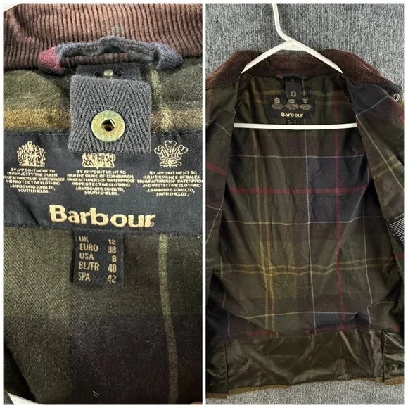 Barbour Acorn Waxed Jacket Women Full Zip Size 8 US Brown Green Lined Outdoors - Picture 12 of 16